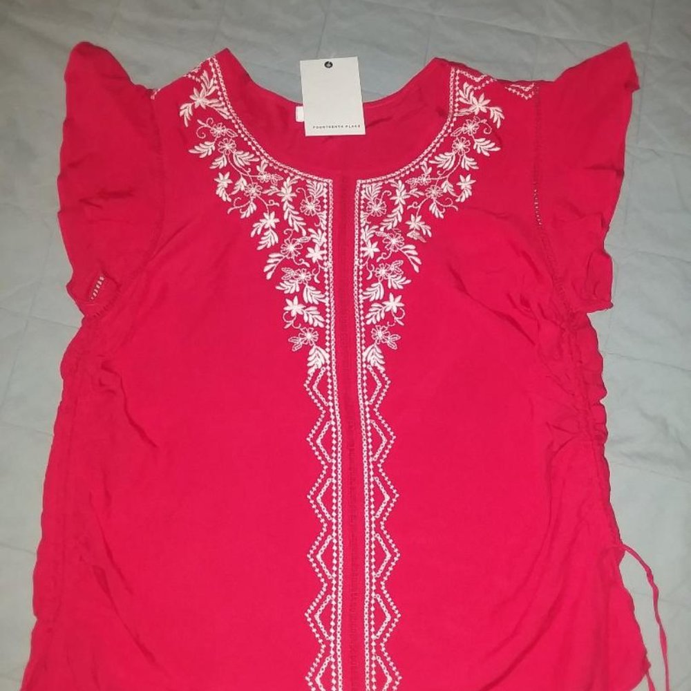 Red & White Cotton Peasant Top, NWT-Lg
